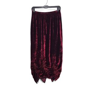 Bodil Women's Vintage Velvet Ruched Midi Skirt Red Lagenlook Gothic- L